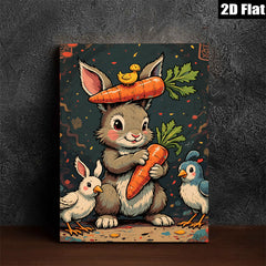 2D flat 1pc Charming Bunny with Carrots Friends Farmhouse Wall Decor Kids Room Playroom Modern Canvas Print Cozy Home Living Room Artwork