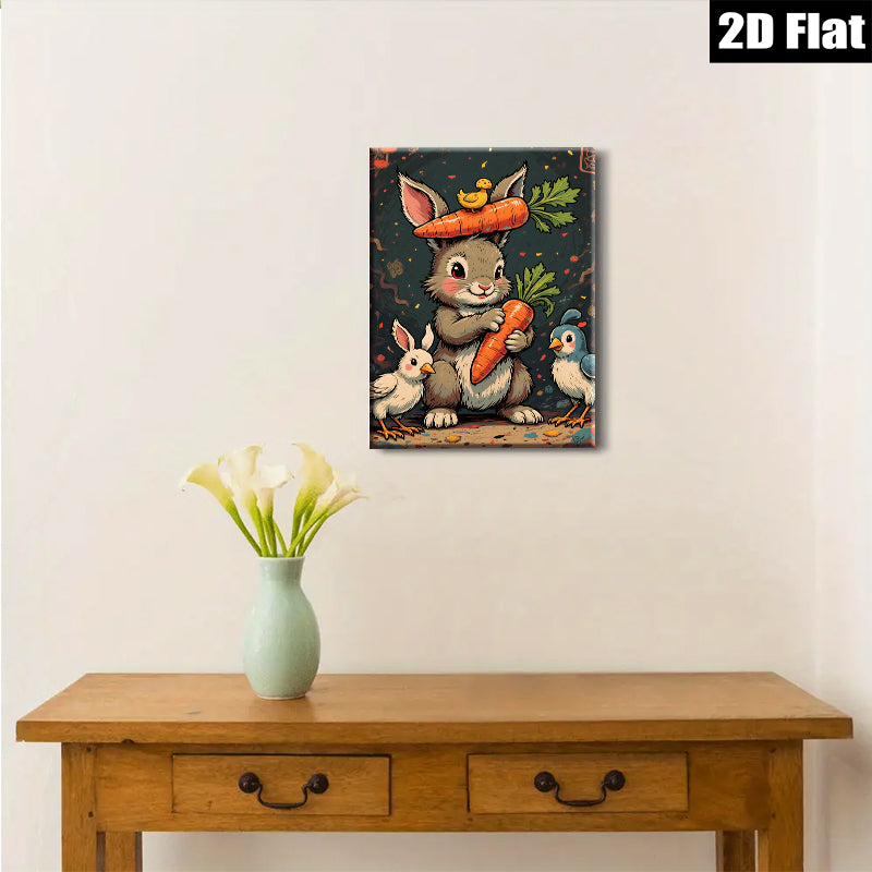2D flat 1pc Charming Bunny with Carrots Friends Farmhouse Wall Decor Kids Room Playroom Modern Canvas Print Cozy Home Living Room Artwork