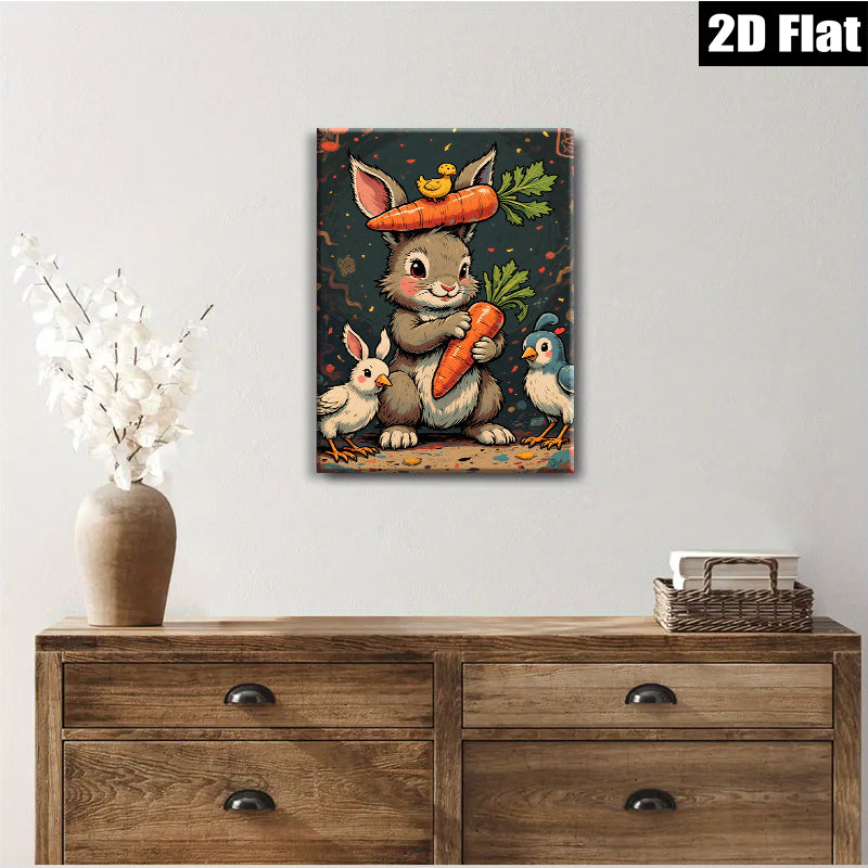 2D flat 1pc Charming Bunny with Carrots Friends Farmhouse Wall Decor Kids Room Playroom Modern Canvas Print Cozy Home Living Room Artwork