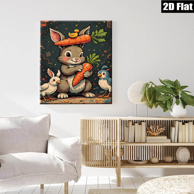 2D flat 1pc Charming Bunny with Carrots Friends Farmhouse Wall Decor Kids Room Playroom Modern Canvas Print Cozy Home Living Room Artwork