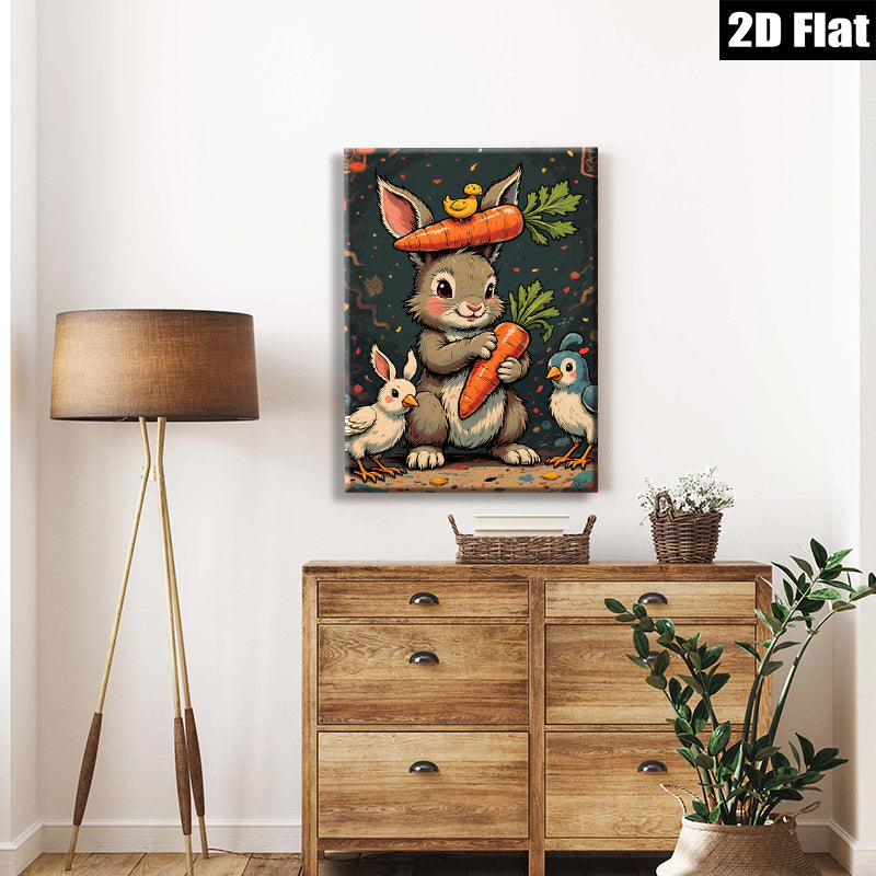 2D flat 1pc Charming Bunny with Carrots Friends Farmhouse Wall Decor Kids Room Playroom Modern Canvas Print Cozy Home Living Room Artwork