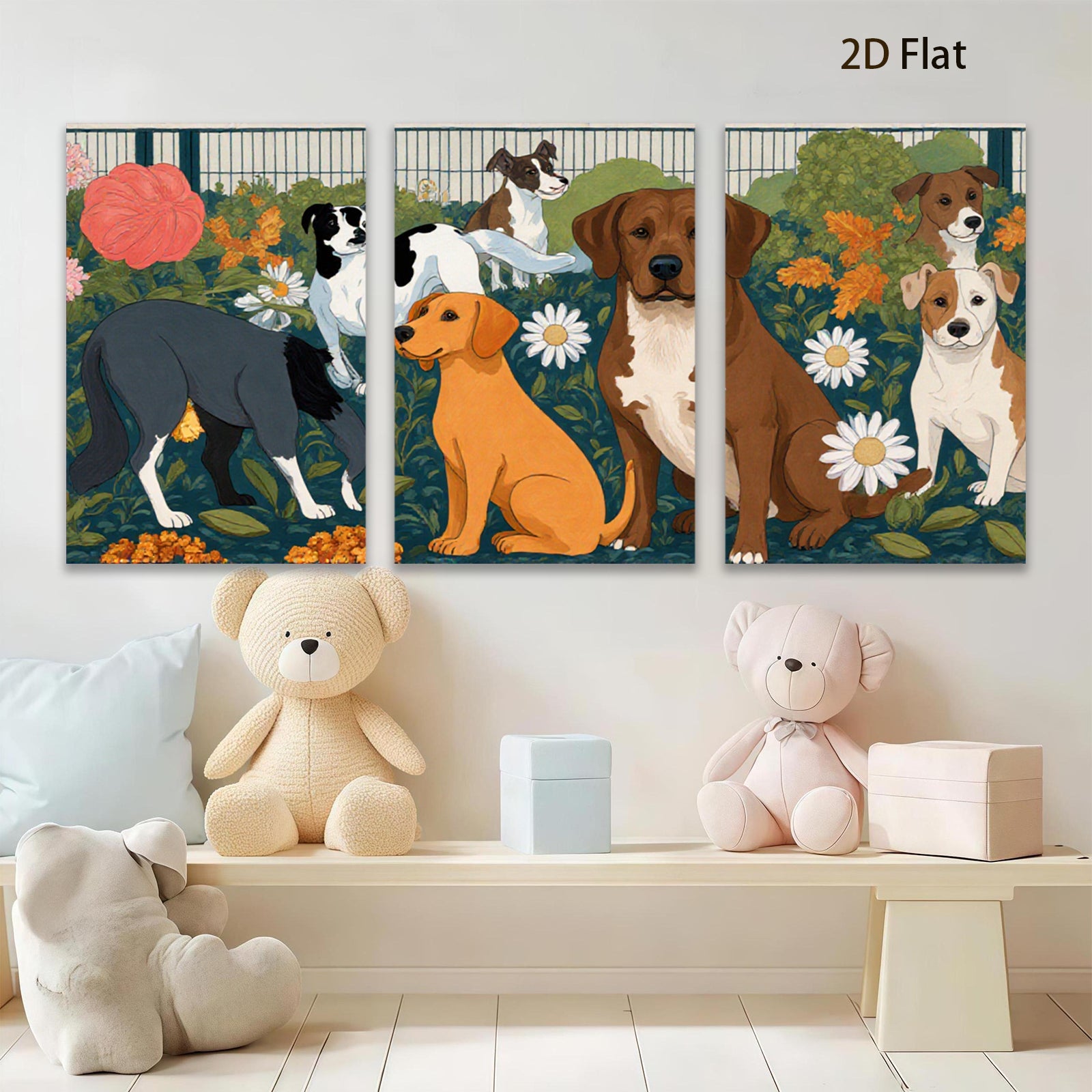 2D flat 1pc Charming Canine Companions Floral Garden Wall Decor Living Room Bedroom Art Prints Modern Farmhouse Style Canvas Paintings