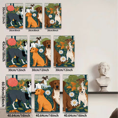 2D flat 1pc Charming Canine Companions Floral Garden Wall Decor Living Room Bedroom Art Prints Modern Farmhouse Style Canvas Paintings