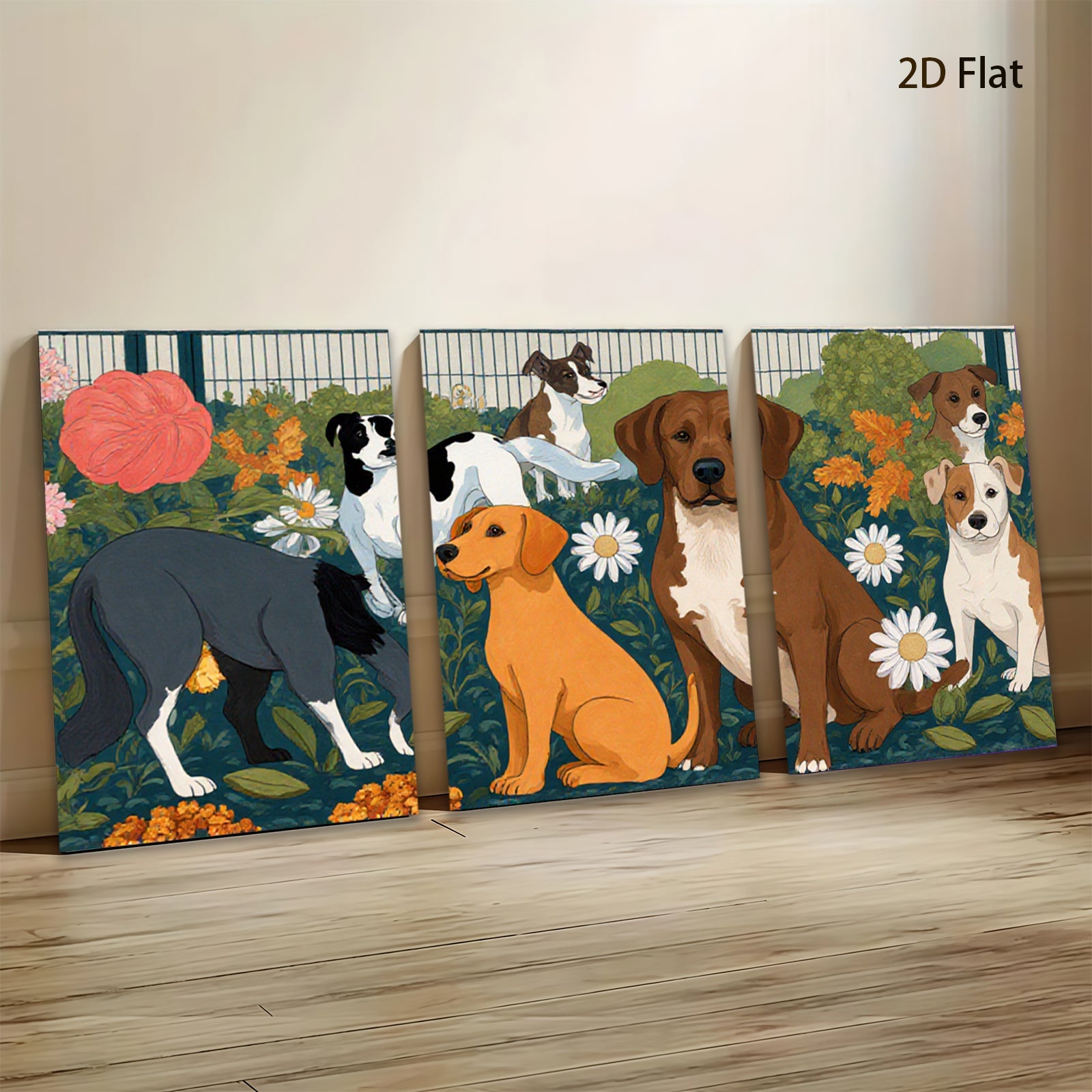 2D flat 1pc Charming Canine Companions Floral Garden Wall Decor Living Room Bedroom Art Prints Modern Farmhouse Style Canvas Paintings