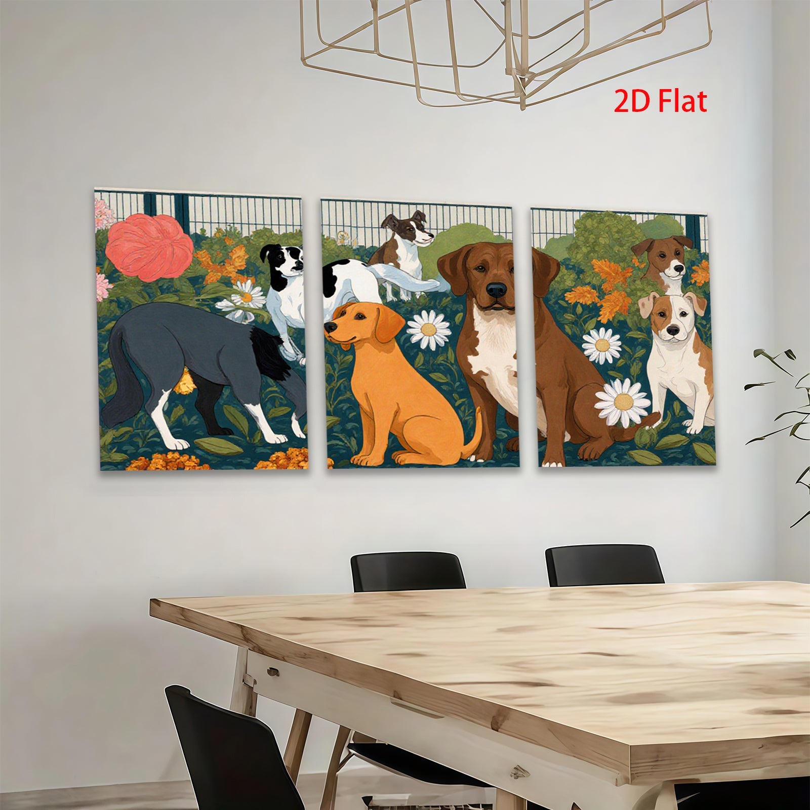 2D flat 1pc Charming Canine Companions Floral Garden Wall Decor Living Room Bedroom Art Prints Modern Farmhouse Style Canvas Paintings