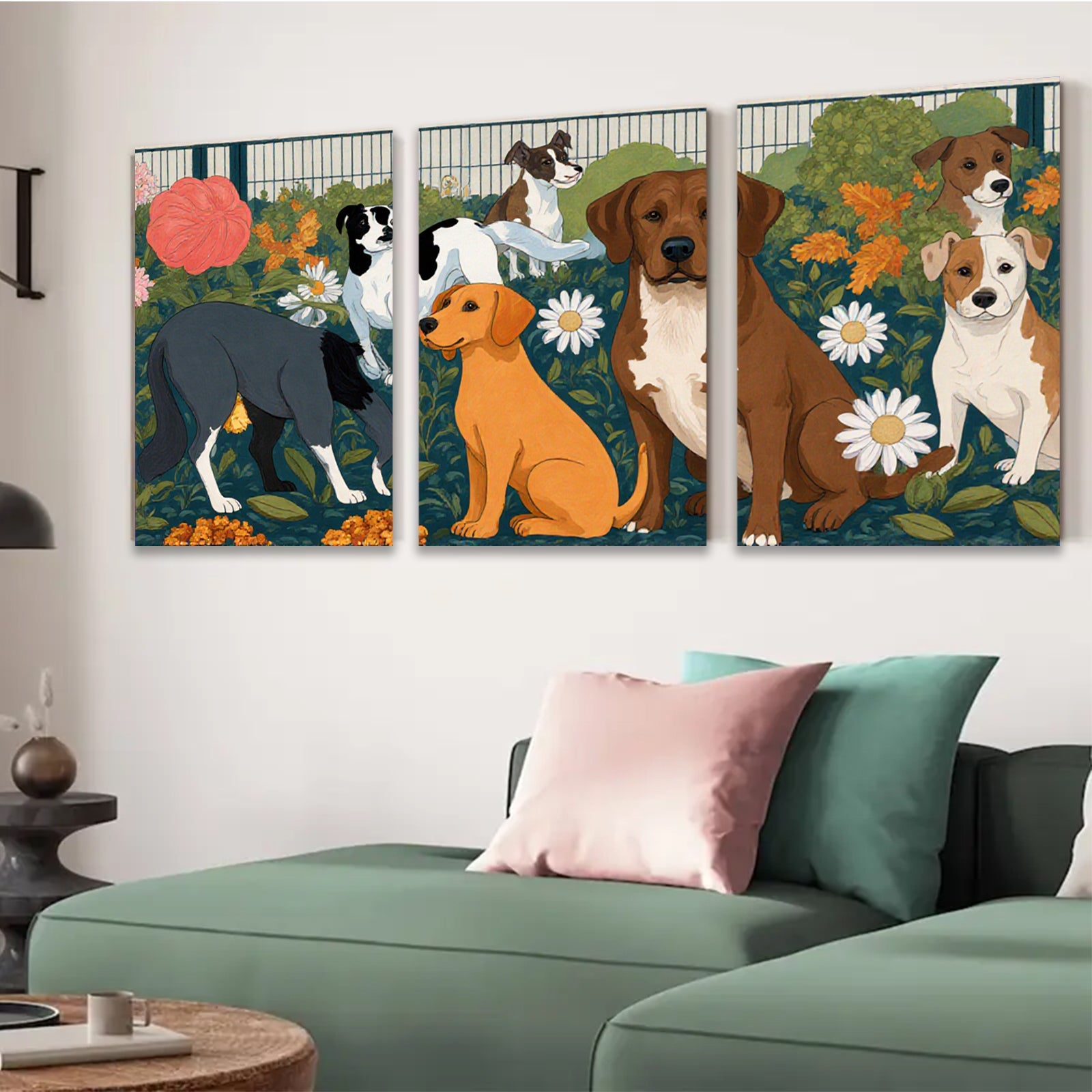 2D flat 1pc Charming Canine Companions Floral Garden Wall Decor Living Room Bedroom Art Prints Modern Farmhouse Style Canvas Paintings