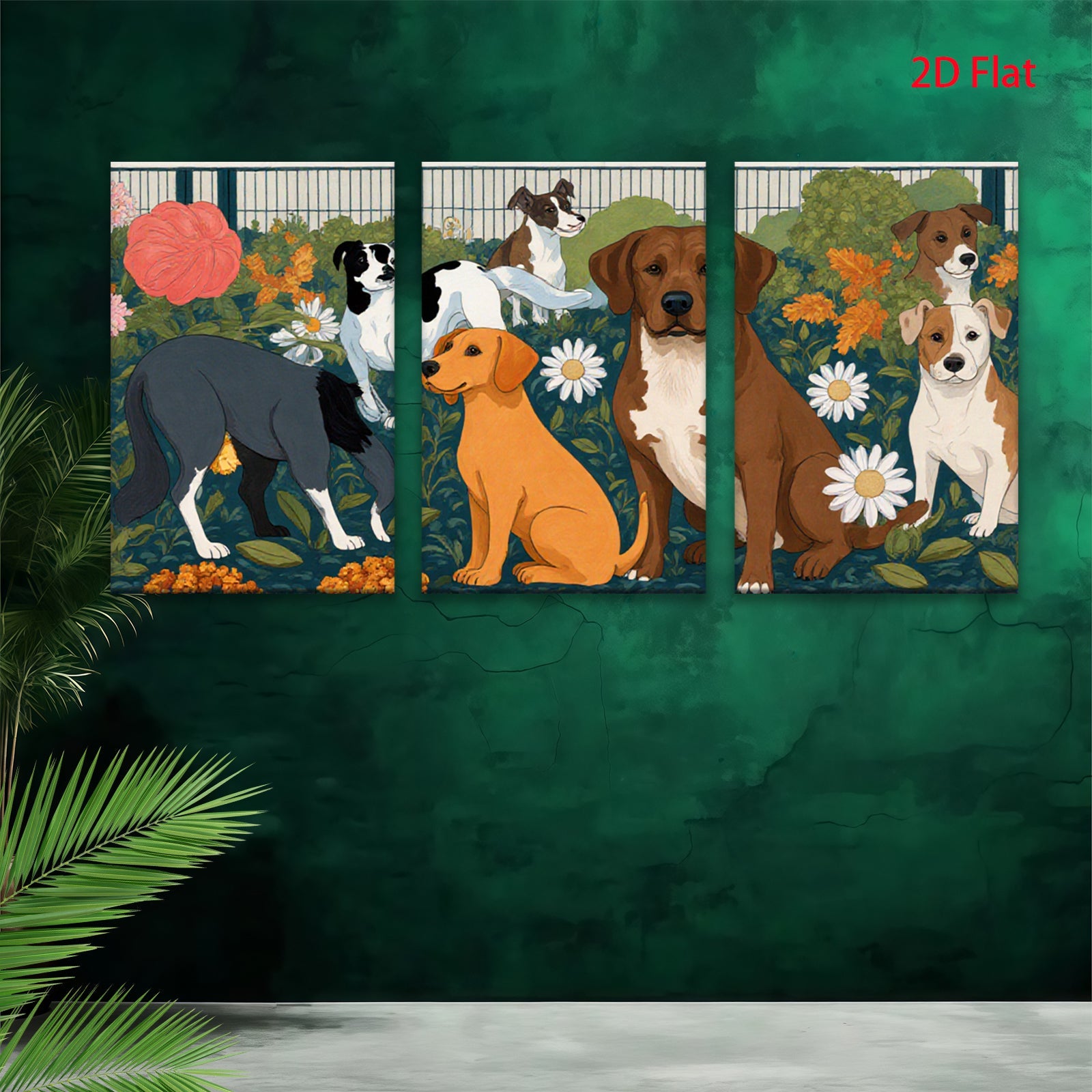 2D flat 1pc Charming Canine Companions Floral Garden Wall Decor Living Room Bedroom Art Prints Modern Farmhouse Style Canvas Paintings