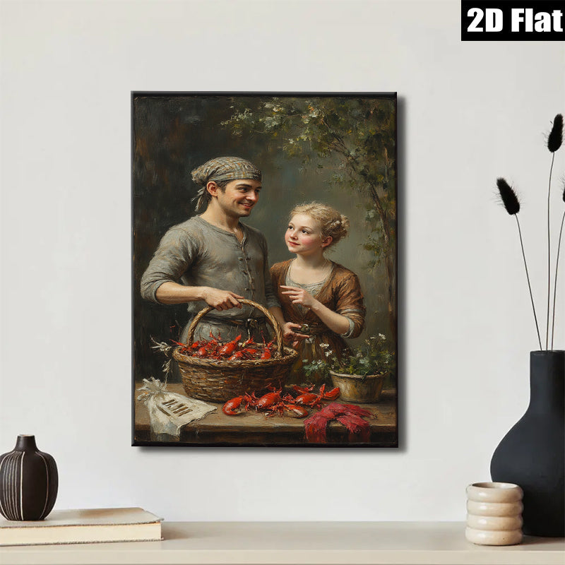 2D flat 1pc Charming Colonial Scene Family Harvesting Fresh Crawfish Rustic Farmhouse Wall Decor Living Room Bedroom Kitchen Gallery Wrapped Canvas Prints