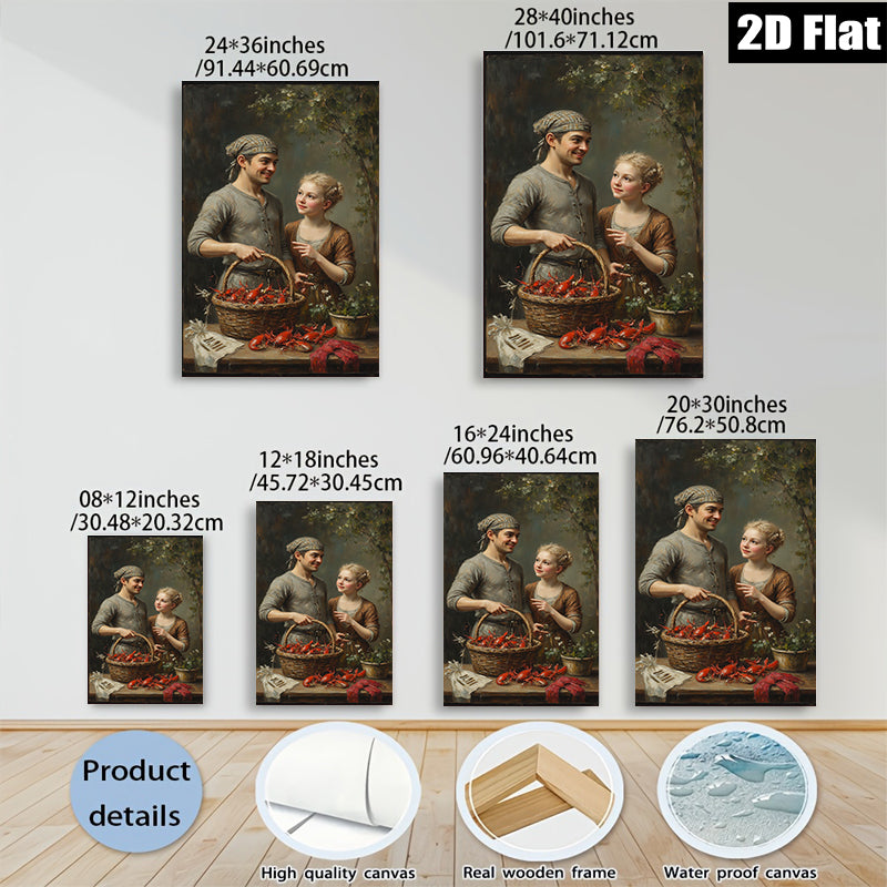 2D flat 1pc Charming Colonial Scene Family Harvesting Fresh Crawfish Rustic Farmhouse Wall Decor Living Room Bedroom Kitchen Gallery Wrapped Canvas Prints