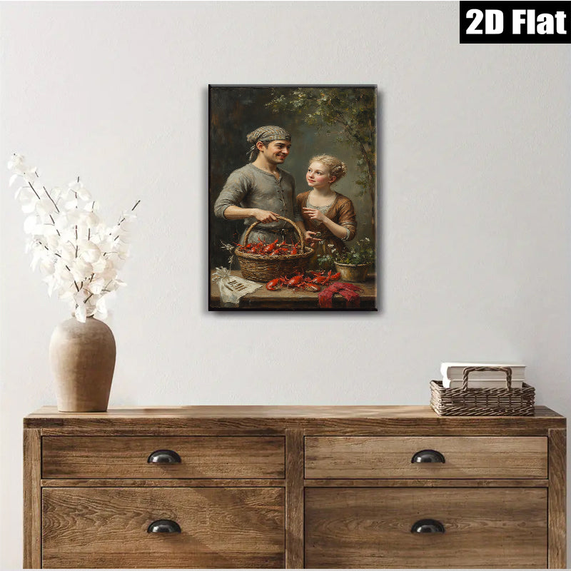 2D flat 1pc Charming Colonial Scene Family Harvesting Fresh Crawfish Rustic Farmhouse Wall Decor Living Room Bedroom Kitchen Gallery Wrapped Canvas Prints
