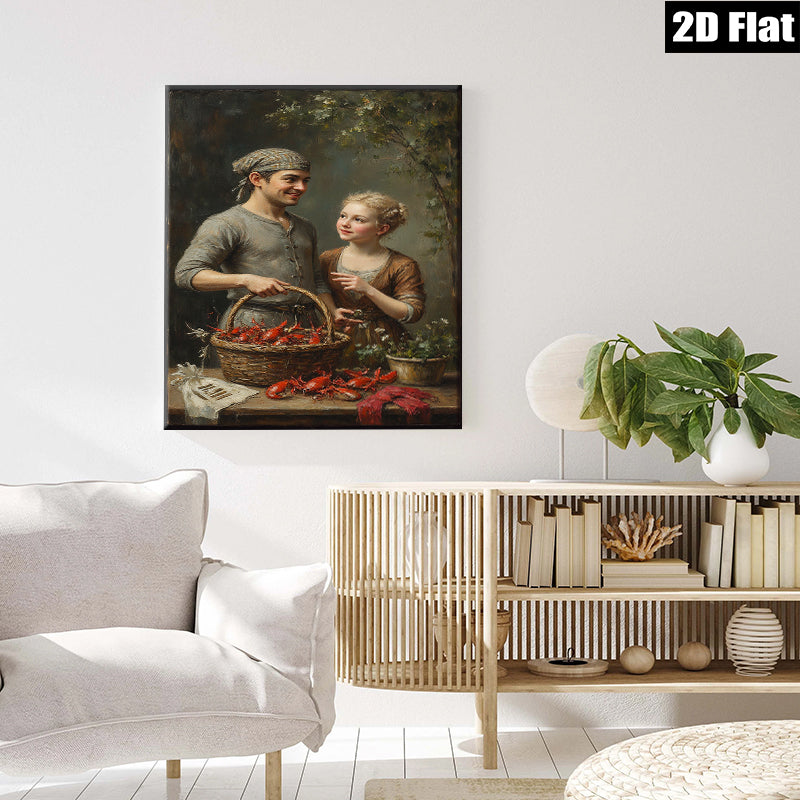 2D flat 1pc Charming Colonial Scene Family Harvesting Fresh Crawfish Rustic Farmhouse Wall Decor Living Room Bedroom Kitchen Gallery Wrapped Canvas Prints