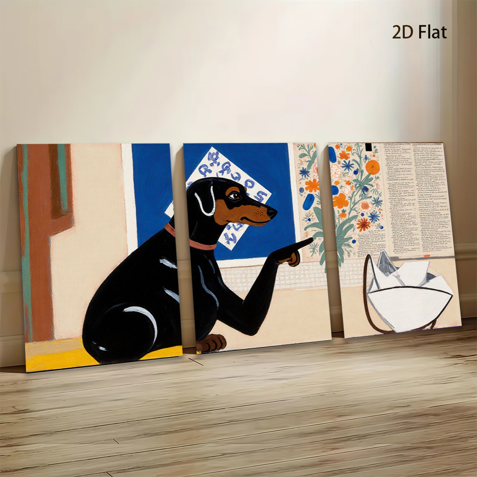 2D flat 1pc Charming Dachshund Views Floral Still Life Gallery Wall Art Modern Farmhouse Living Room Bedroom Decor