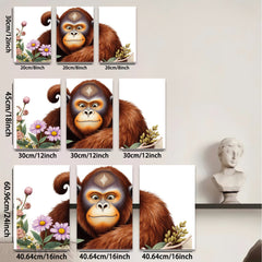 2D flat 1pc Charming Orangutan Portrait Floral Background Living Room Bedroom Wall Decor Canvas Print Modern Farmhouse Style Gallery Wrapped Art