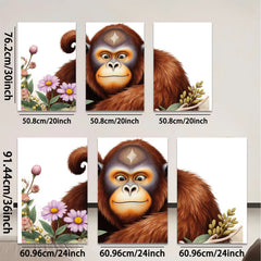 2D flat 1pc Charming Orangutan Portrait Floral Background Living Room Bedroom Wall Decor Canvas Print Modern Farmhouse Style Gallery Wrapped Art