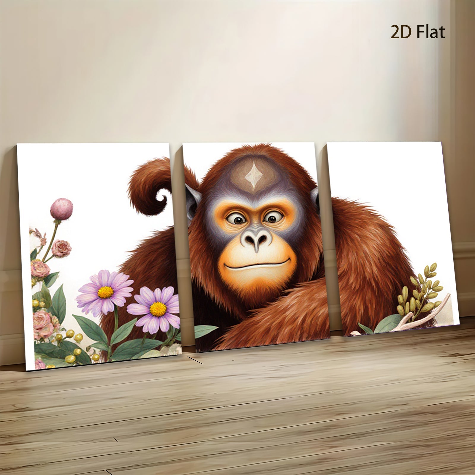2D flat 1pc Charming Orangutan Portrait Floral Background Living Room Bedroom Wall Decor Canvas Print Modern Farmhouse Style Gallery Wrapped Art