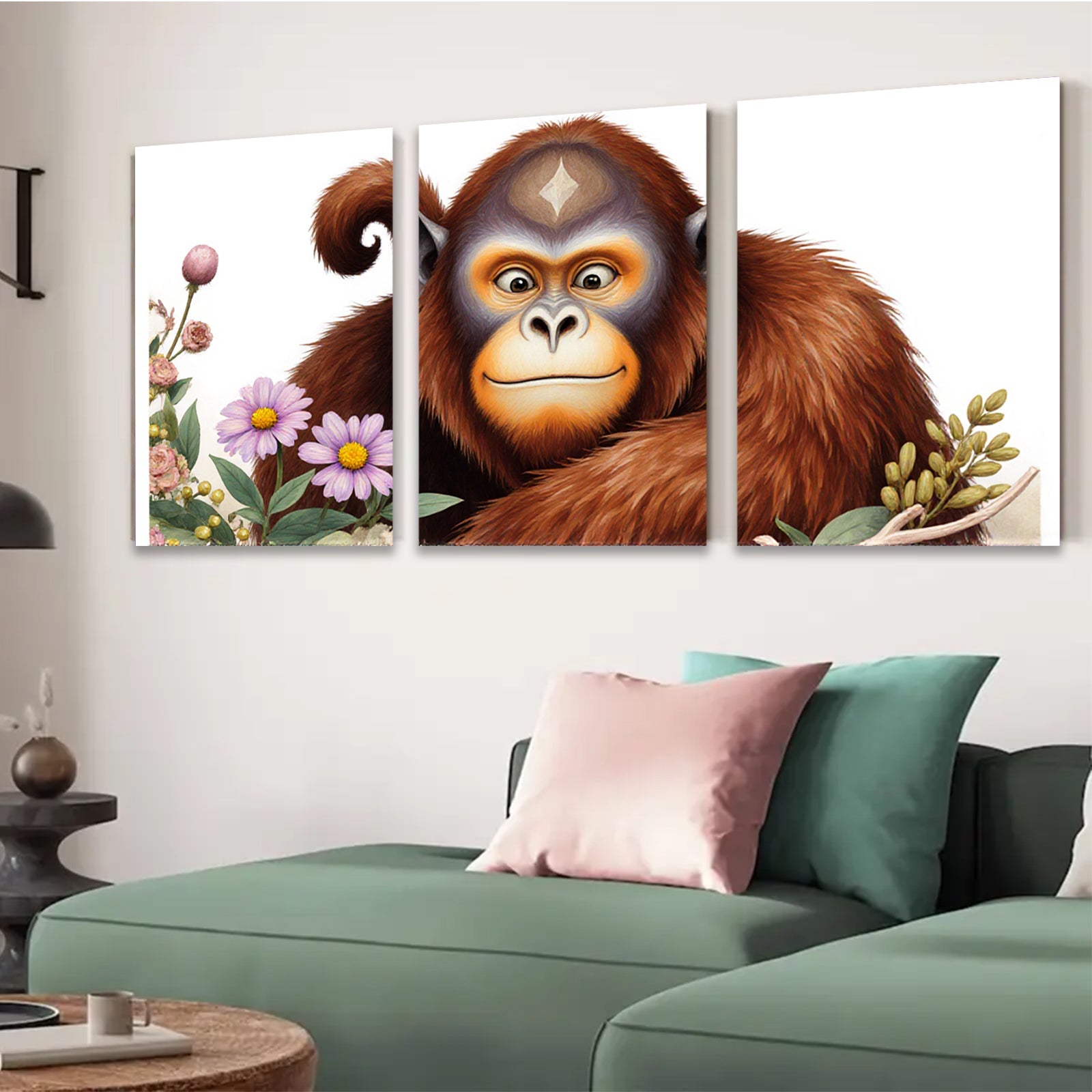 2D flat 1pc Charming Orangutan Portrait Floral Background Living Room Bedroom Wall Decor Canvas Print Modern Farmhouse Style Gallery Wrapped Art