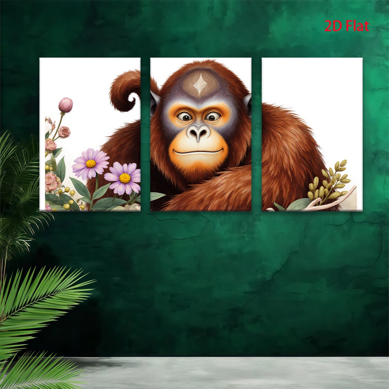 2D flat 1pc Charming Orangutan Portrait Floral Background Living Room Bedroom Wall Decor Canvas Print Modern Farmhouse Style Gallery Wrapped Art