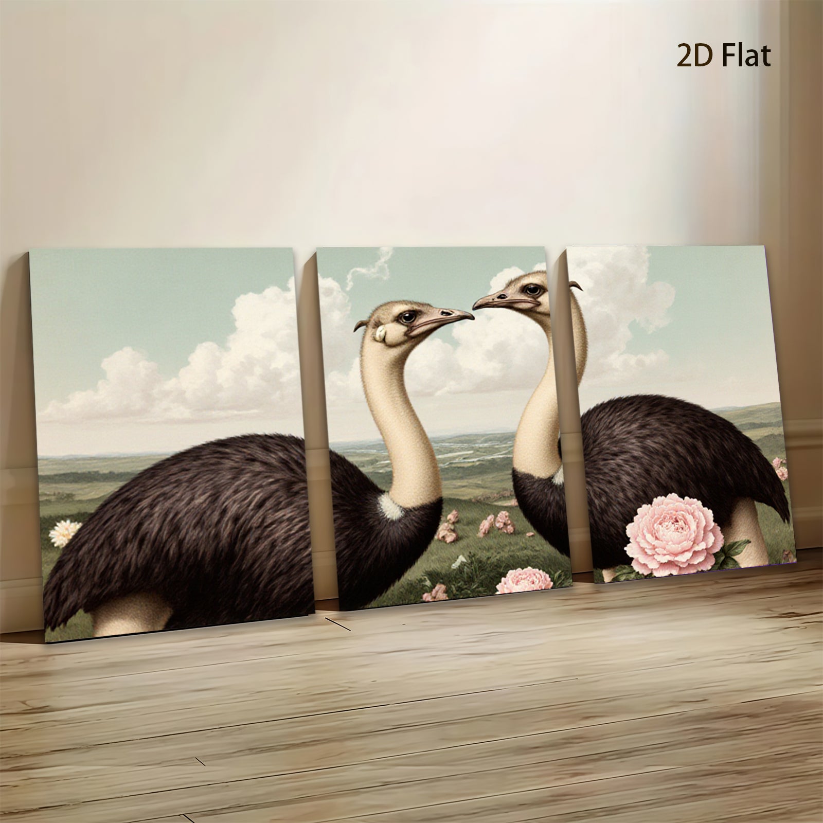 2D flat 1pc Charming Ostriches Embrace Floral Beauty Farmhouse Wall Art Living Room Decor Gallery Wrapped Canvas Prints Modern Rustic Home Decorations