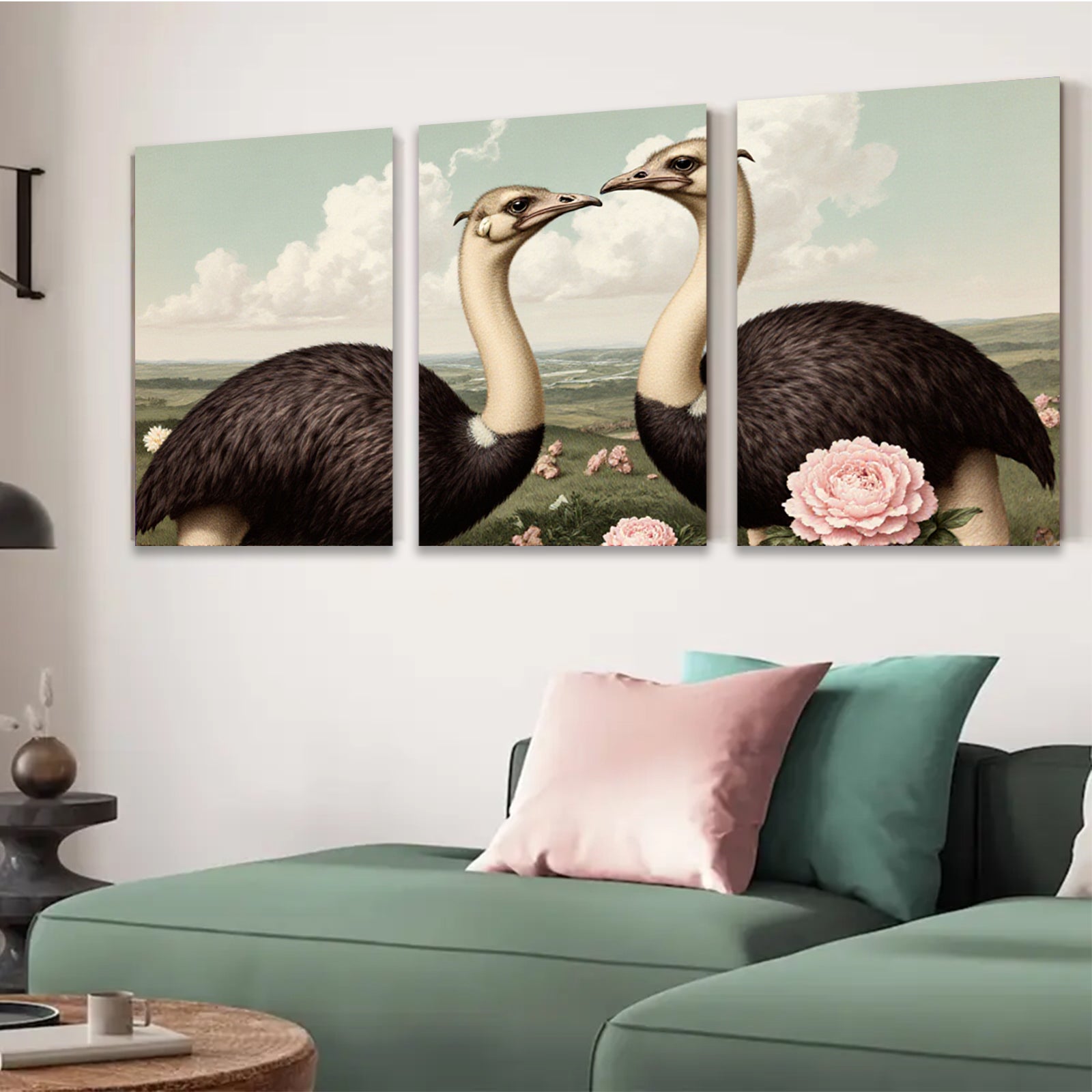 2D flat 1pc Charming Ostriches Embrace Floral Beauty Farmhouse Wall Art Living Room Decor Gallery Wrapped Canvas Prints Modern Rustic Home Decorations