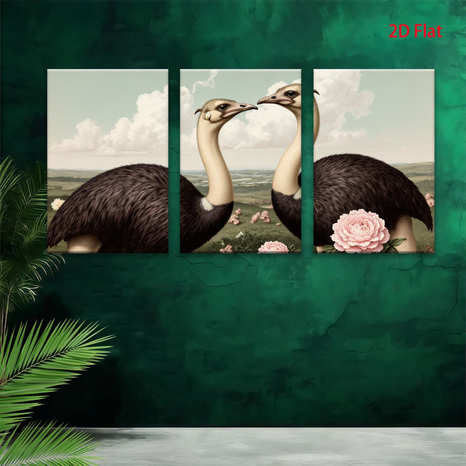 2D flat 1pc Charming Ostriches Embrace Floral Beauty Farmhouse Wall Art Living Room Decor Gallery Wrapped Canvas Prints Modern Rustic Home Decorations