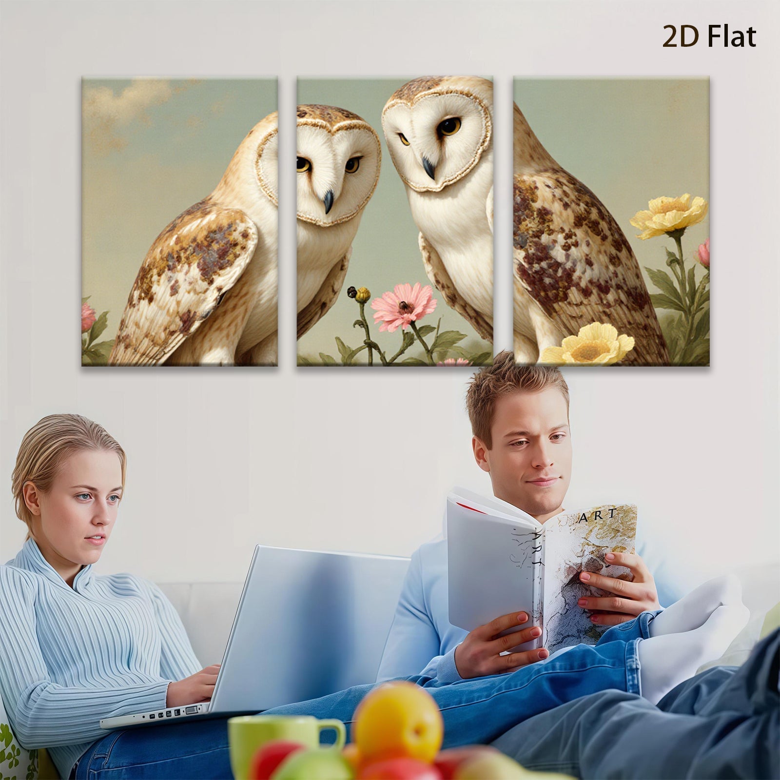 2D flat 1pc Charming Owl Pair Floral Backdrop Gallery Wall Art Living Room Bedroom Decor Farmhouse Style Canvas Prints Modern Home Decoration