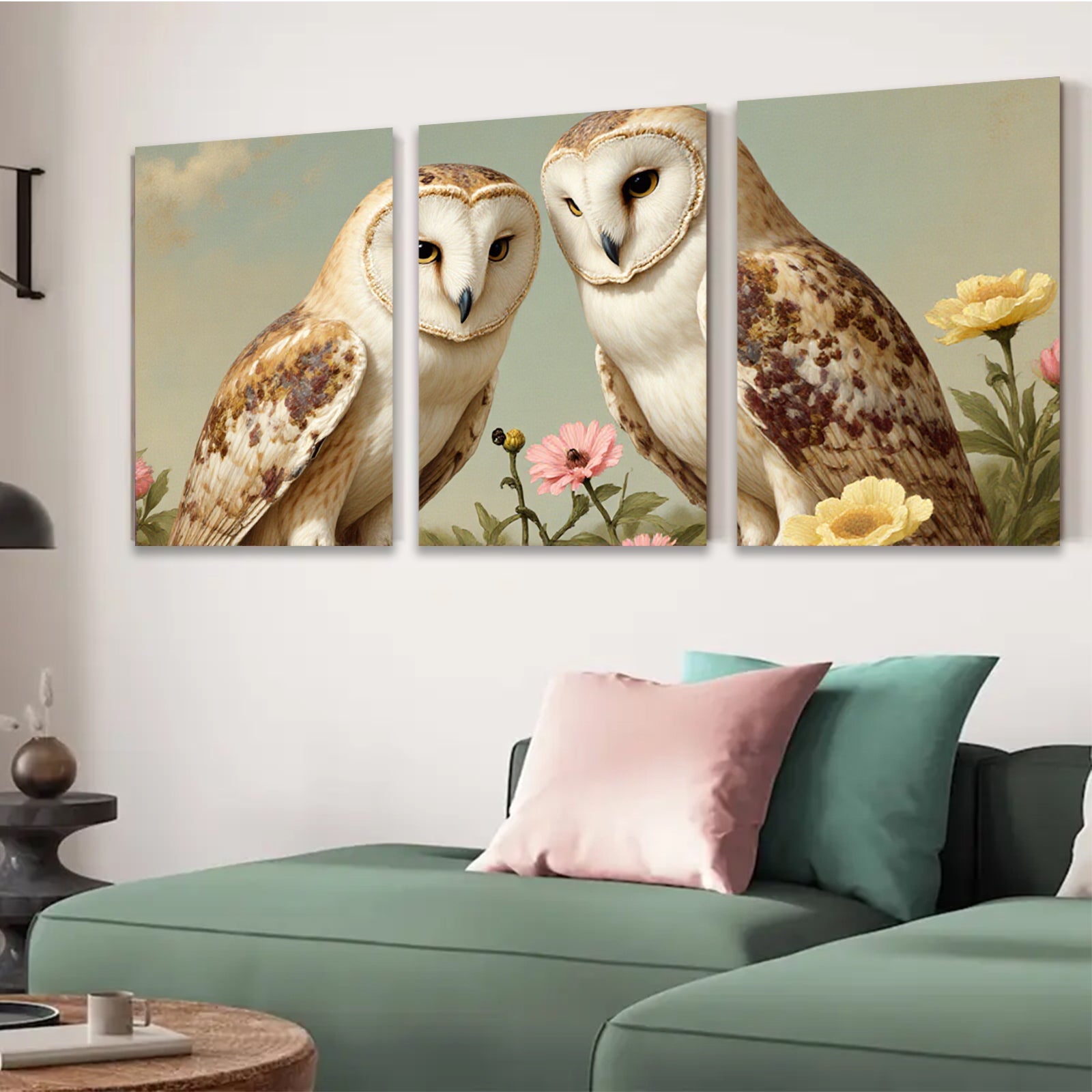 2D flat 1pc Charming Owl Pair Floral Backdrop Gallery Wall Art Living Room Bedroom Decor Farmhouse Style Canvas Prints Modern Home Decoration
