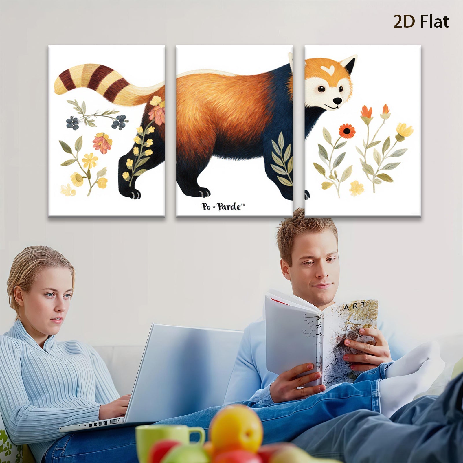 2D flat 1pc Charming Red Panda Botanical Wall Art Canvas Print for Living Room Bedroom Home Decor Farmhouse Style Gallery Wrapped Ready to Hang