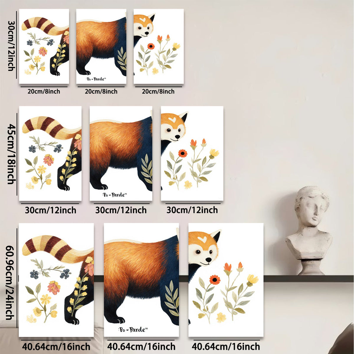 2D flat 1pc Charming Red Panda Botanical Wall Art Canvas Print for Living Room Bedroom Home Decor Farmhouse Style Gallery Wrapped Ready to Hang
