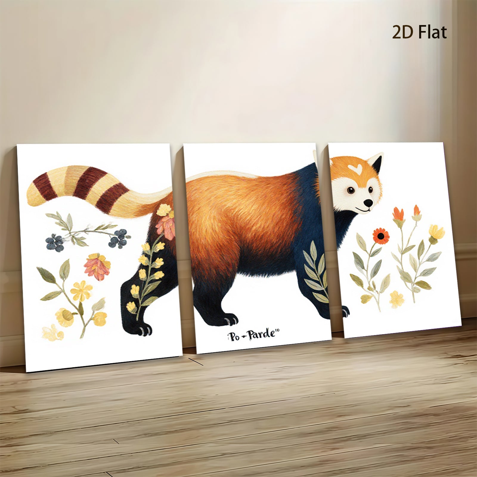 2D flat 1pc Charming Red Panda Botanical Wall Art Canvas Print for Living Room Bedroom Home Decor Farmhouse Style Gallery Wrapped Ready to Hang