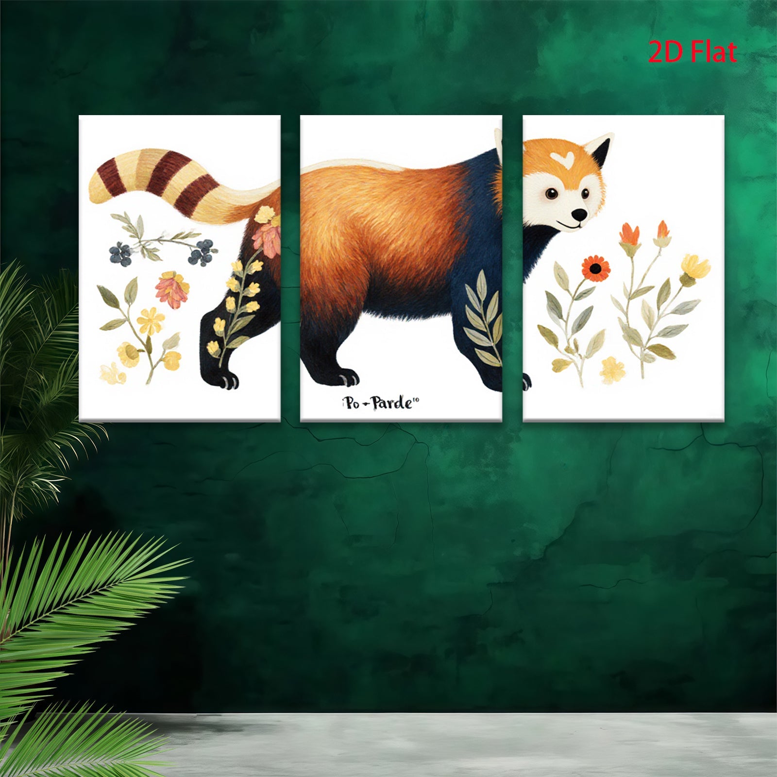 2D flat 1pc Charming Red Panda Botanical Wall Art Canvas Print for Living Room Bedroom Home Decor Farmhouse Style Gallery Wrapped Ready to Hang