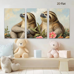 2D flat 1pc Charming Sloth Pair Floral Background Gallery Wall Art Living Room Bedroom Decor Farmhouse Style Cozy Home Accent Trending Now Gift Idea