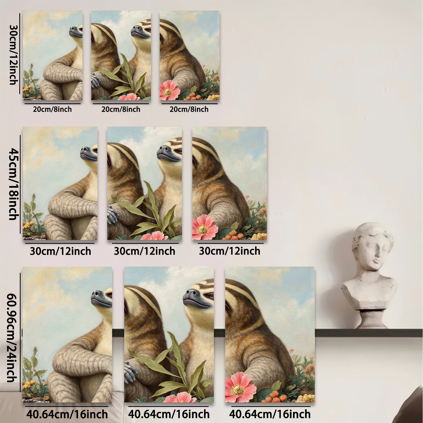 2D flat 1pc Charming Sloth Pair Floral Background Gallery Wall Art Living Room Bedroom Decor Farmhouse Style Cozy Home Accent Trending Now Gift Idea