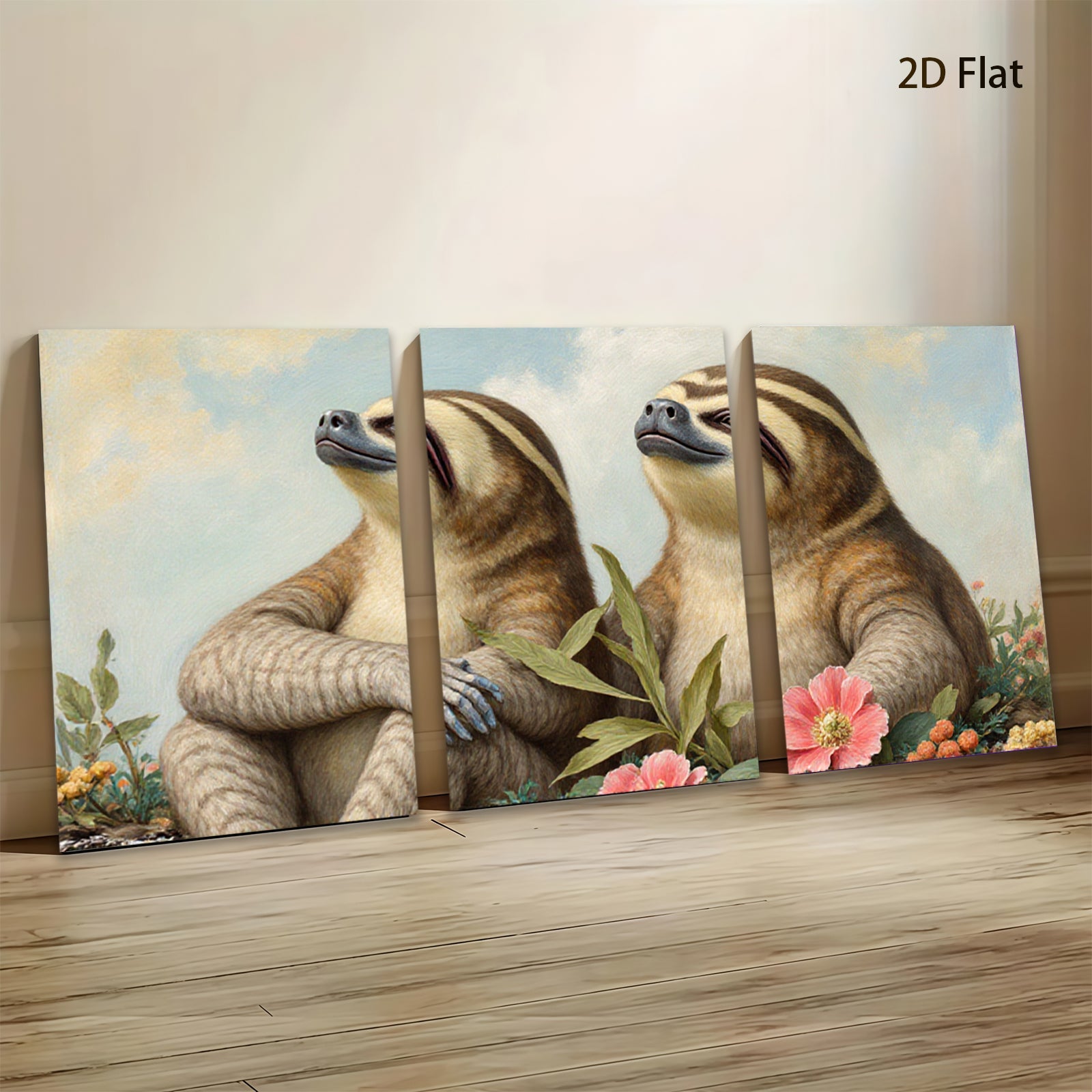 2D flat 1pc Charming Sloth Pair Floral Background Gallery Wall Art Living Room Bedroom Decor Farmhouse Style Cozy Home Accent Trending Now Gift Idea