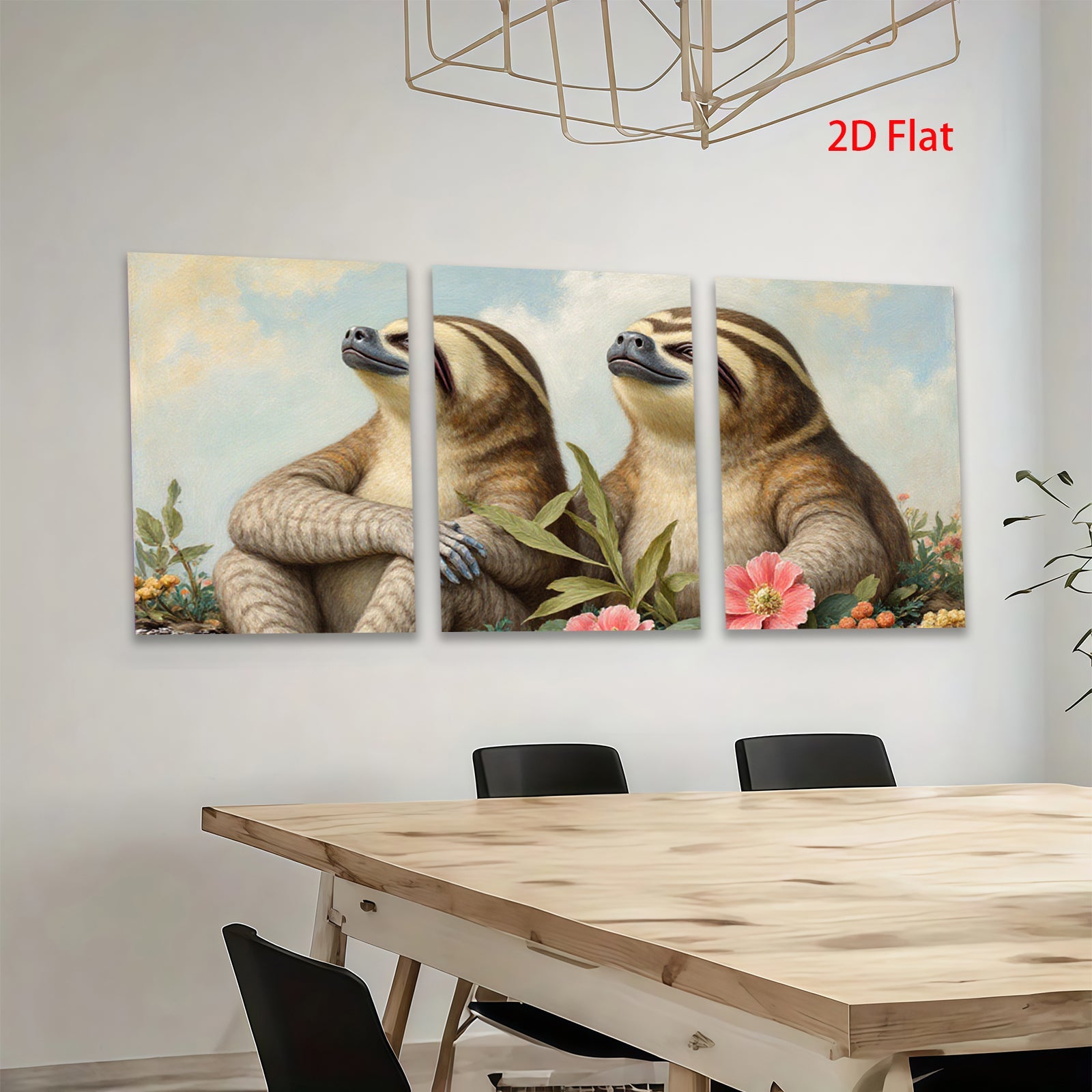 2D flat 1pc Charming Sloth Pair Floral Background Gallery Wall Art Living Room Bedroom Decor Farmhouse Style Cozy Home Accent Trending Now Gift Idea