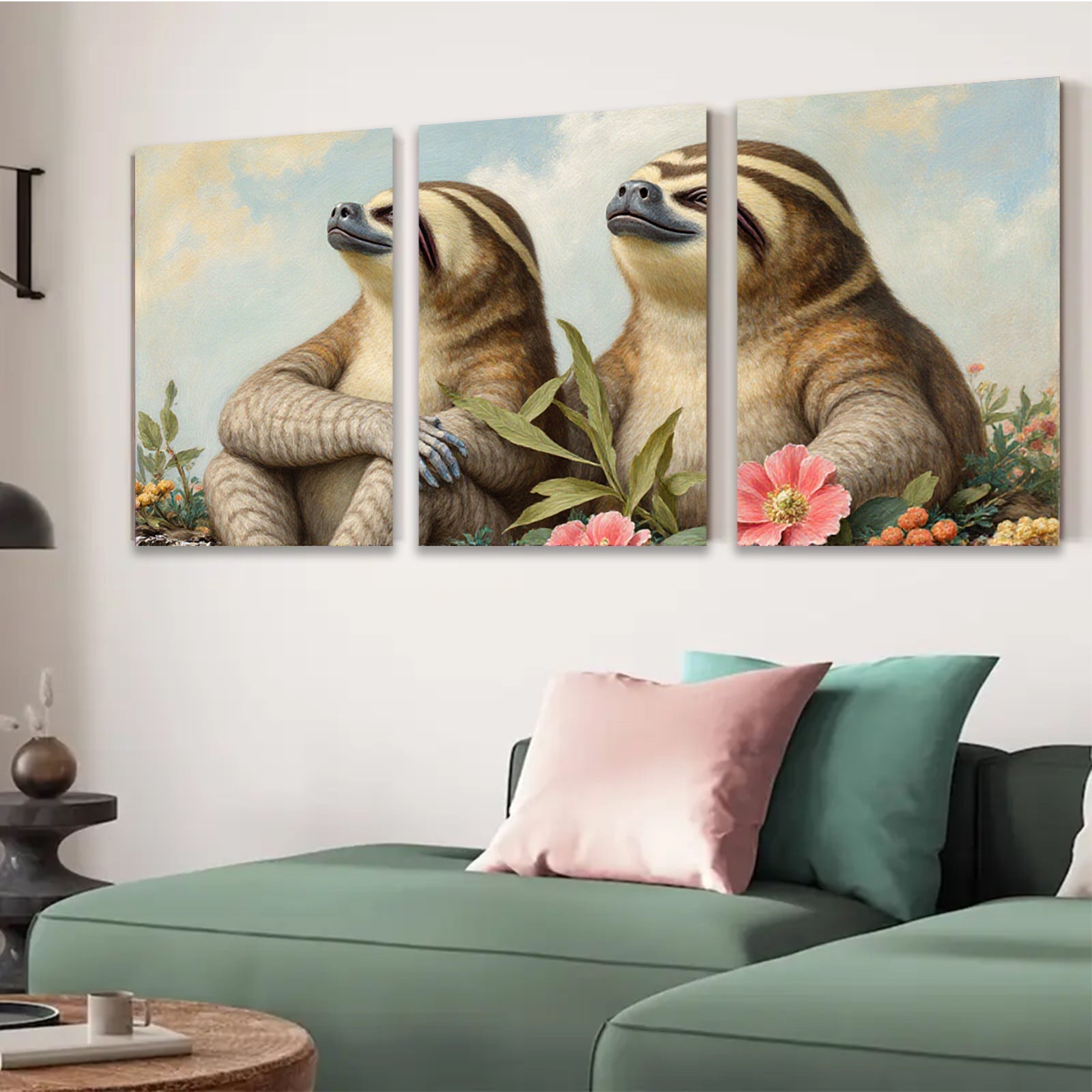2D flat 1pc Charming Sloth Pair Floral Background Gallery Wall Art Living Room Bedroom Decor Farmhouse Style Cozy Home Accent Trending Now Gift Idea