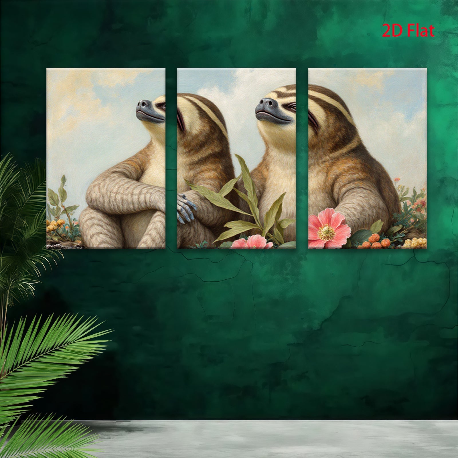 2D flat 1pc Charming Sloth Pair Floral Background Gallery Wall Art Living Room Bedroom Decor Farmhouse Style Cozy Home Accent Trending Now Gift Idea