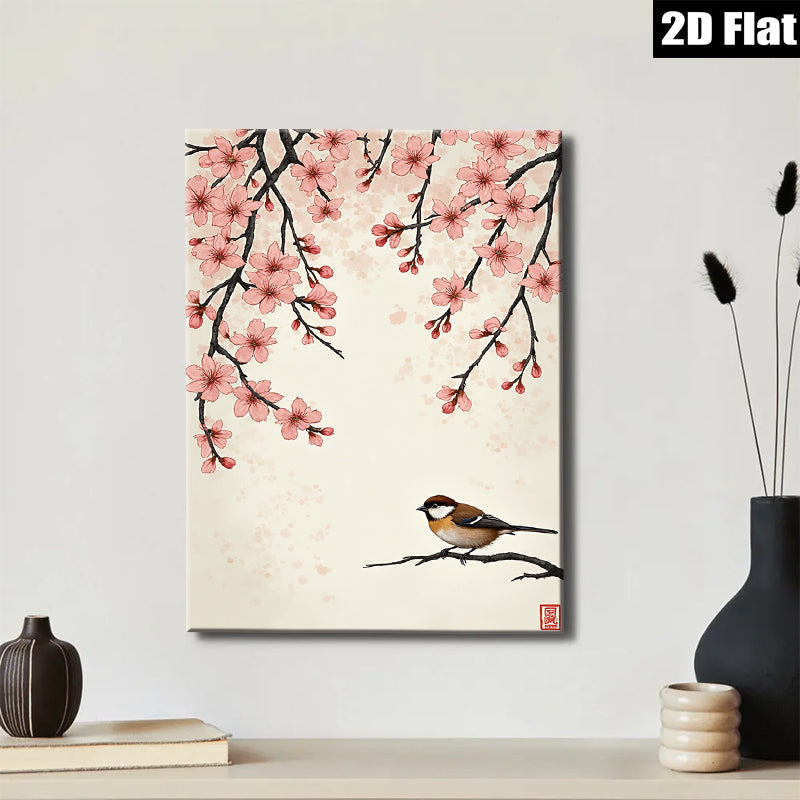 2D flat 1pc Charming Songbird Perched on Cherry Blossom Branch Wall Art for Living Room Bedroom Home Decor Botanical Prints Modern Farmhouse Style Gallery Wrapped Canvas Prints