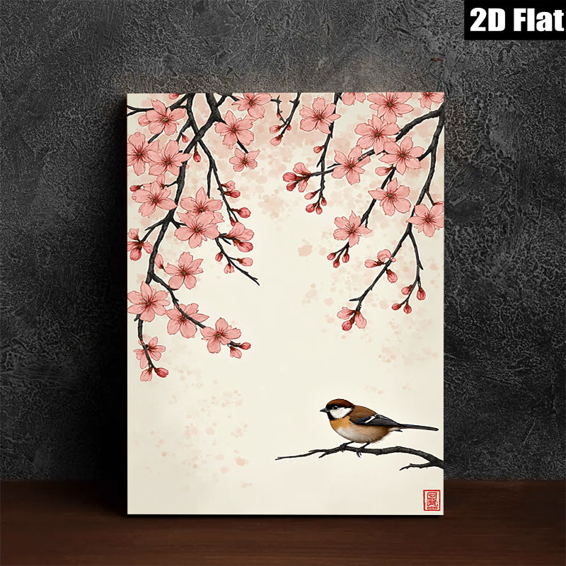 2D flat 1pc Charming Songbird Perched on Cherry Blossom Branch Wall Art for Living Room Bedroom Home Decor Botanical Prints Modern Farmhouse Style Gallery Wrapped Canvas Prints