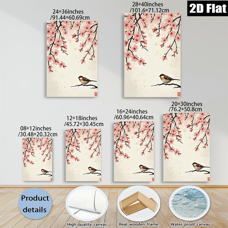 2D flat 1pc Charming Songbird Perched on Cherry Blossom Branch Wall Art for Living Room Bedroom Home Decor Botanical Prints Modern Farmhouse Style Gallery Wrapped Canvas Prints