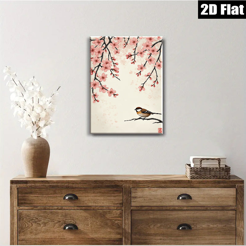 2D flat 1pc Charming Songbird Perched on Cherry Blossom Branch Wall Art for Living Room Bedroom Home Decor Botanical Prints Modern Farmhouse Style Gallery Wrapped Canvas Prints