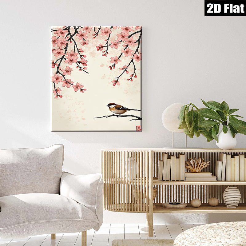 2D flat 1pc Charming Songbird Perched on Cherry Blossom Branch Wall Art for Living Room Bedroom Home Decor Botanical Prints Modern Farmhouse Style Gallery Wrapped Canvas Prints