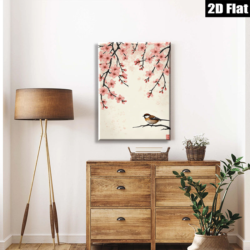 2D flat 1pc Charming Songbird Perched on Cherry Blossom Branch Wall Art for Living Room Bedroom Home Decor Botanical Prints Modern Farmhouse Style Gallery Wrapped Canvas Prints