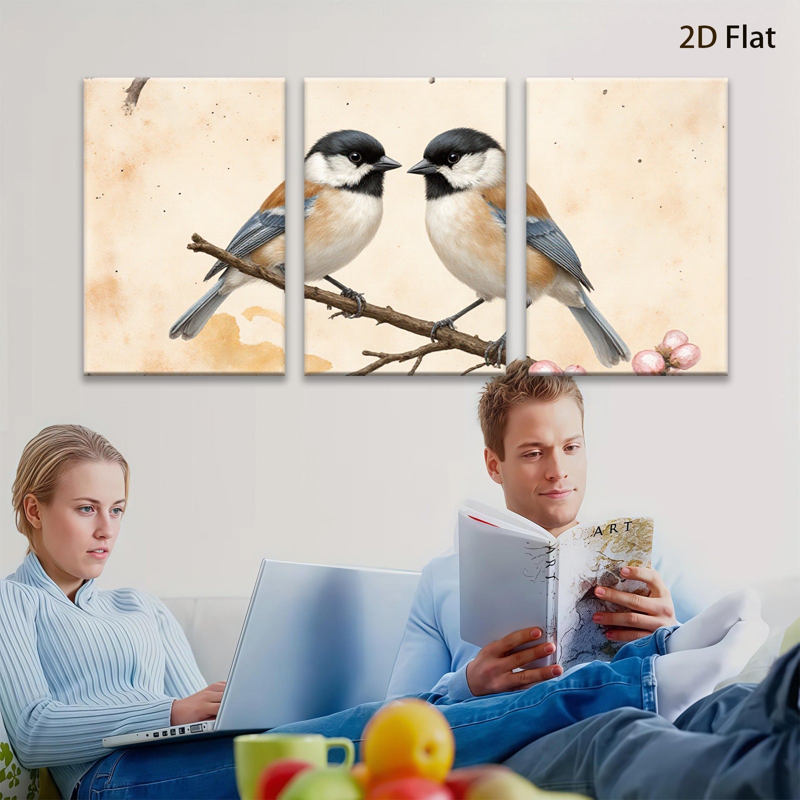 2D flat 1pc Charming Songbirds Perched on Branch Farmhouse Wall Decor Living Room Bedroom Art Prints Canvas Paintings Modern Minimalist Gallery Wrapped Tealightful
