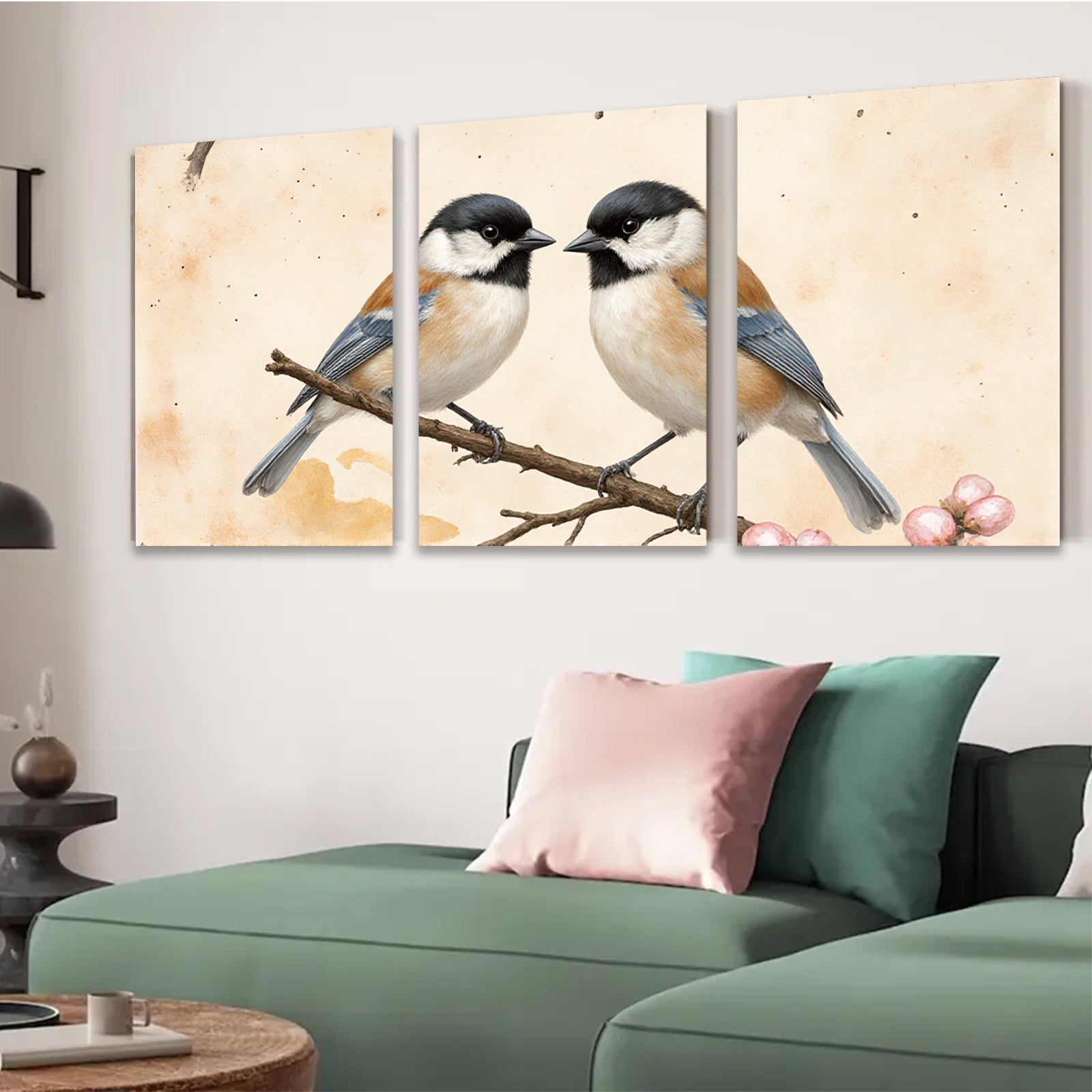 2D flat 1pc Charming Songbirds Perched on Branch Farmhouse Wall Decor Living Room Bedroom Art Prints Canvas Paintings Modern Minimalist Gallery Wrapped Tealightful