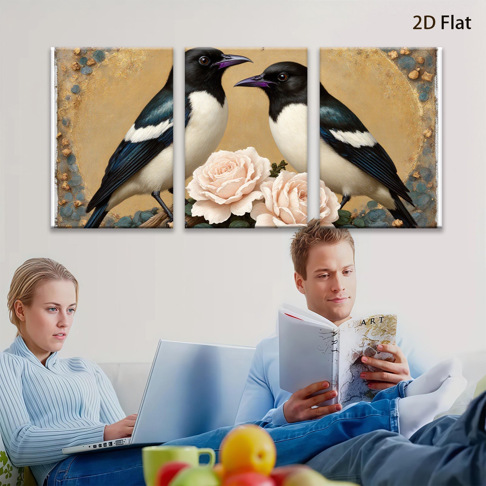 2D flat 1pc Charming Songbirds with Blush Roses Wall Art for Living Room Bedroom Home Decor Farmhouse Style Gallery Wrapped Canvas Prints