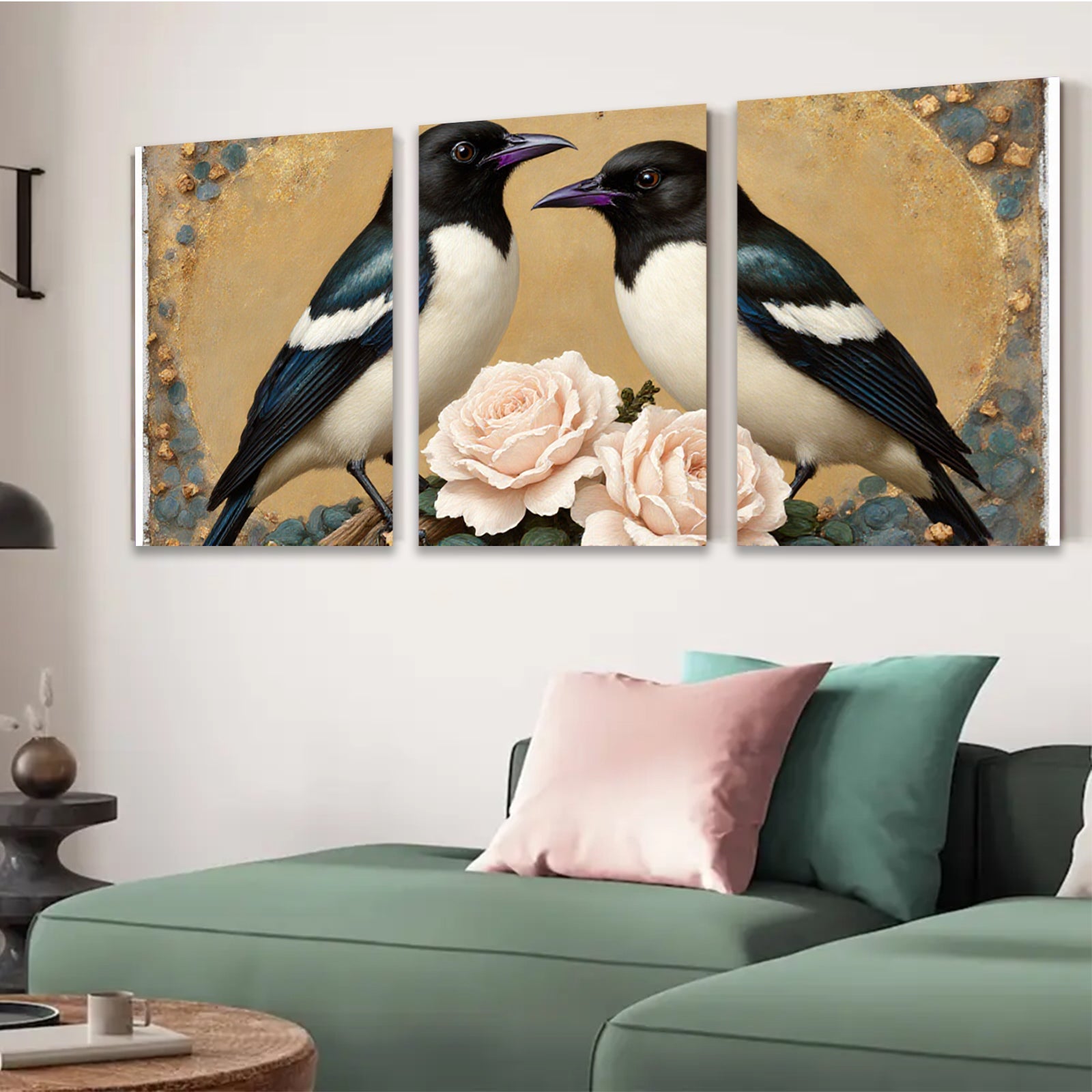 2D flat 1pc Charming Songbirds with Blush Roses Wall Art for Living Room Bedroom Home Decor Farmhouse Style Gallery Wrapped Canvas Prints