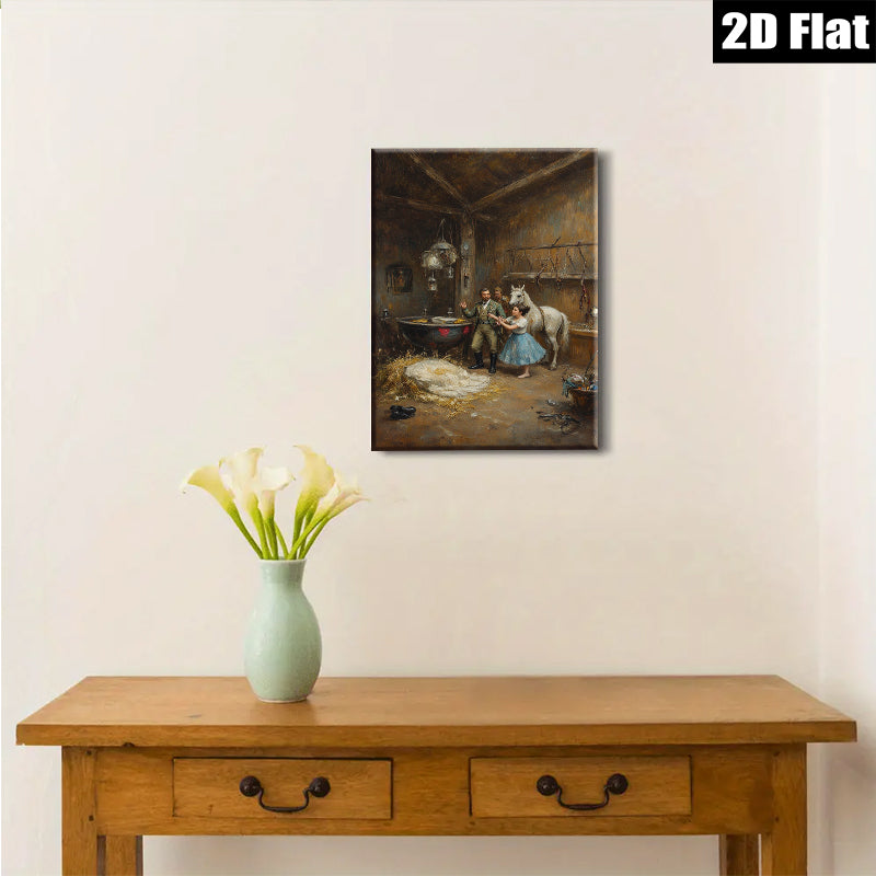2D flat 1pc Charming Victorian Era Horse Stable Scene Wall Art For Living Room Bedroom Gallery Wrapped Canvas Prints Home Decor Farmhouse Style