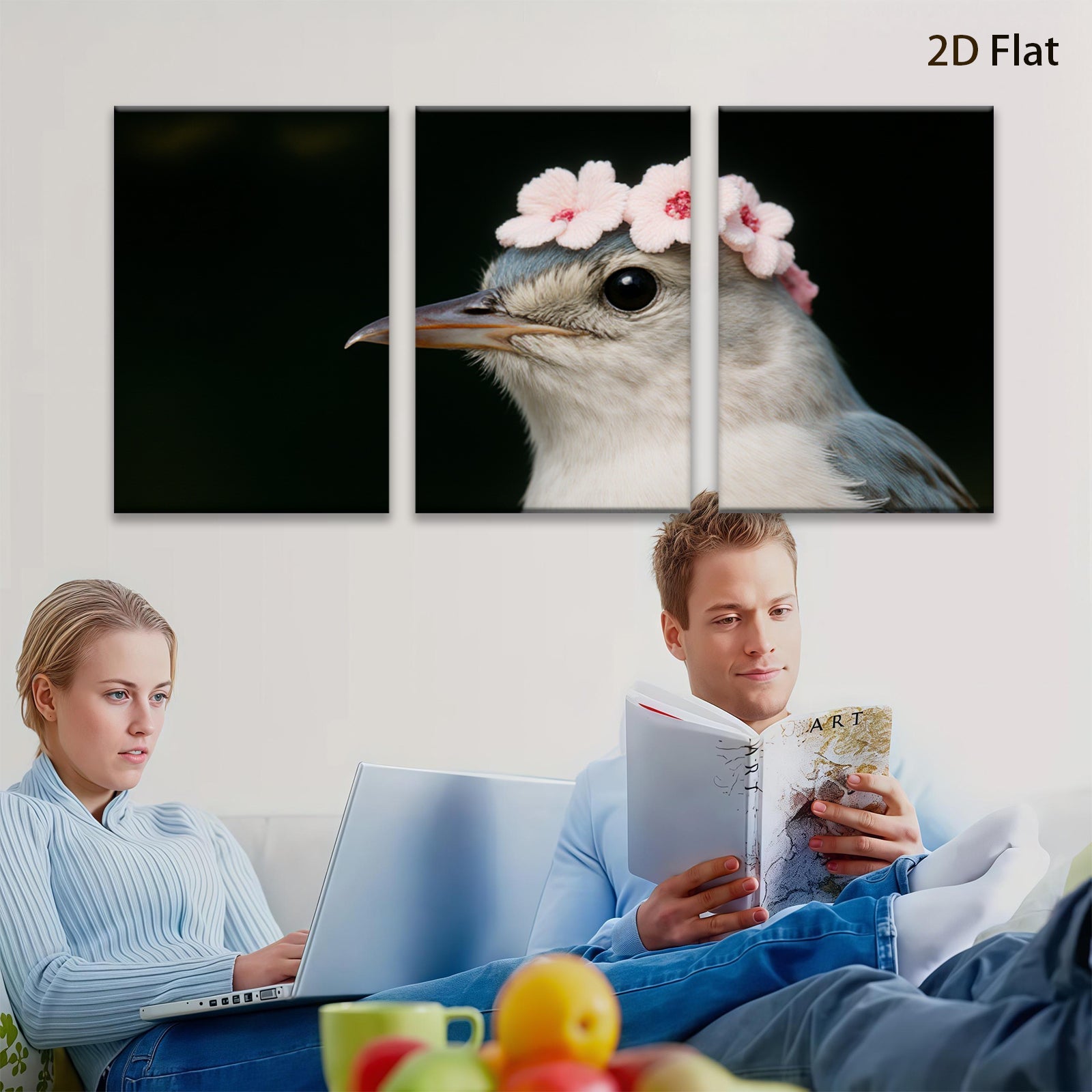2D flat 1pc Charming bird with floral crown wall art for bedroom living room farmhouse decor gallery wrapped canvas prints modern minimalist style