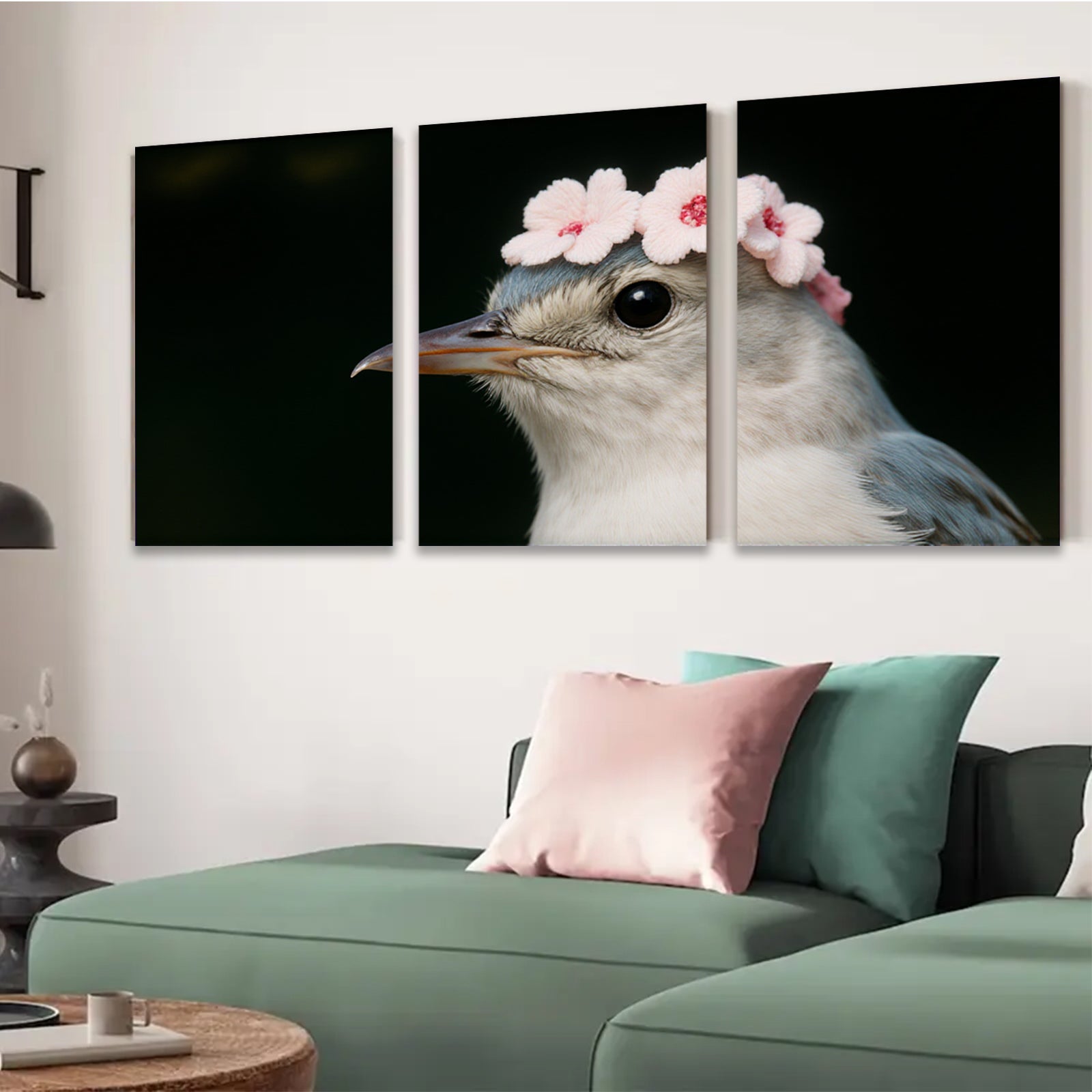 2D flat 1pc Charming bird with floral crown wall art for bedroom living room farmhouse decor gallery wrapped canvas prints modern minimalist style