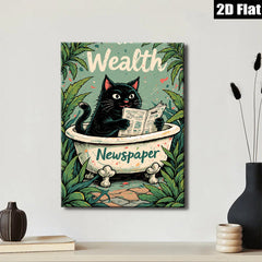 2D flat 1pc Charming black cat reading newspaper bathroom wall art decor living room bedroom cozy farmhouse style canvas prints modern minimalist gallery wrapped
